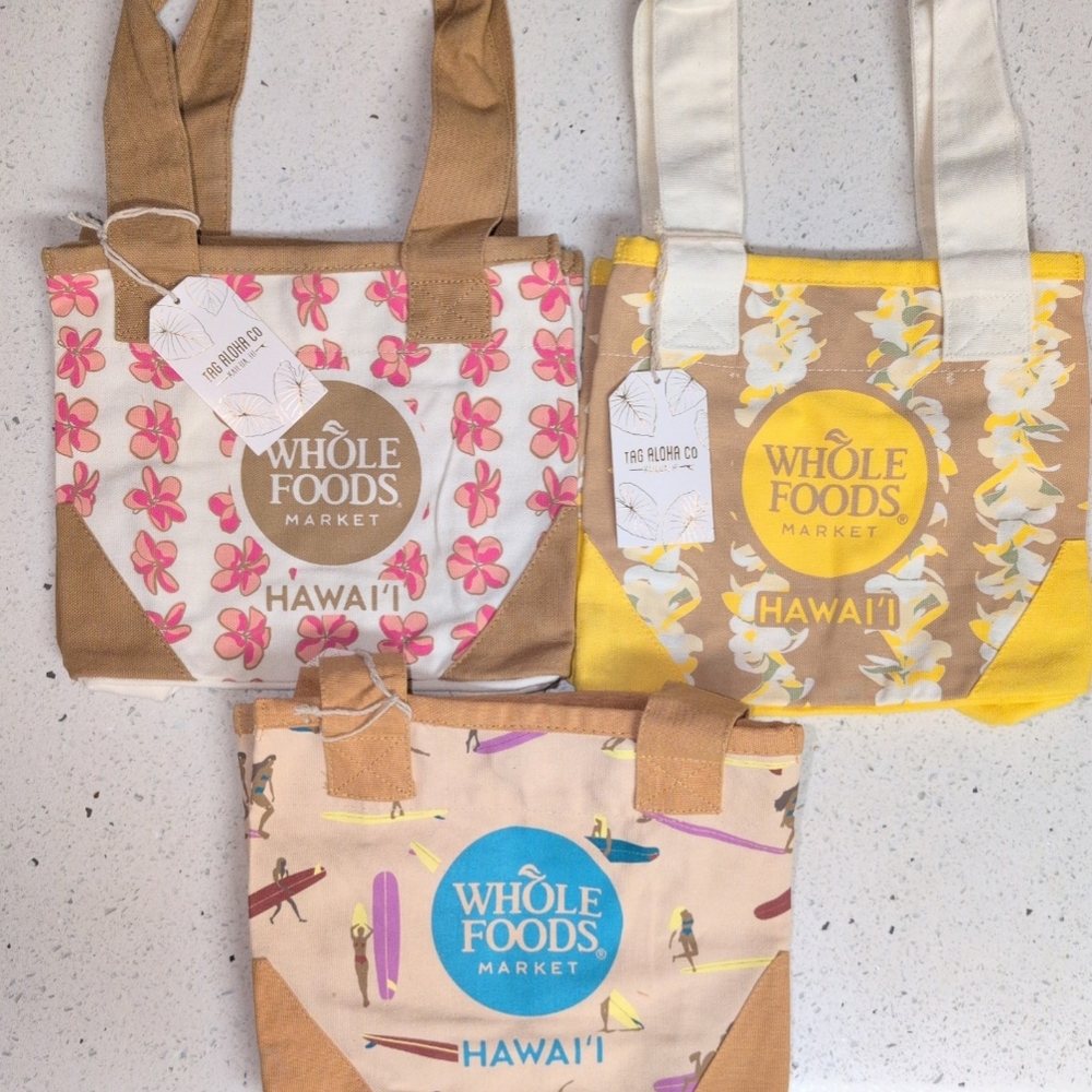 Whole Foods Hawaii Pink/Yellow Plumeria,Surfer Girl Mini tote bags (Set Of 3)